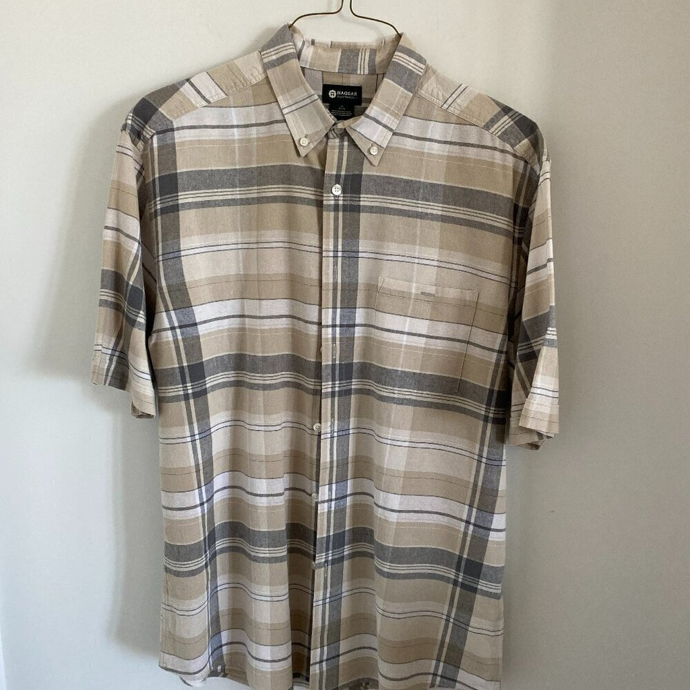 HAGGAR CLOTHING Linen Blend Casual Button-Down SHORT SLEEVE Shirt  Men Size M